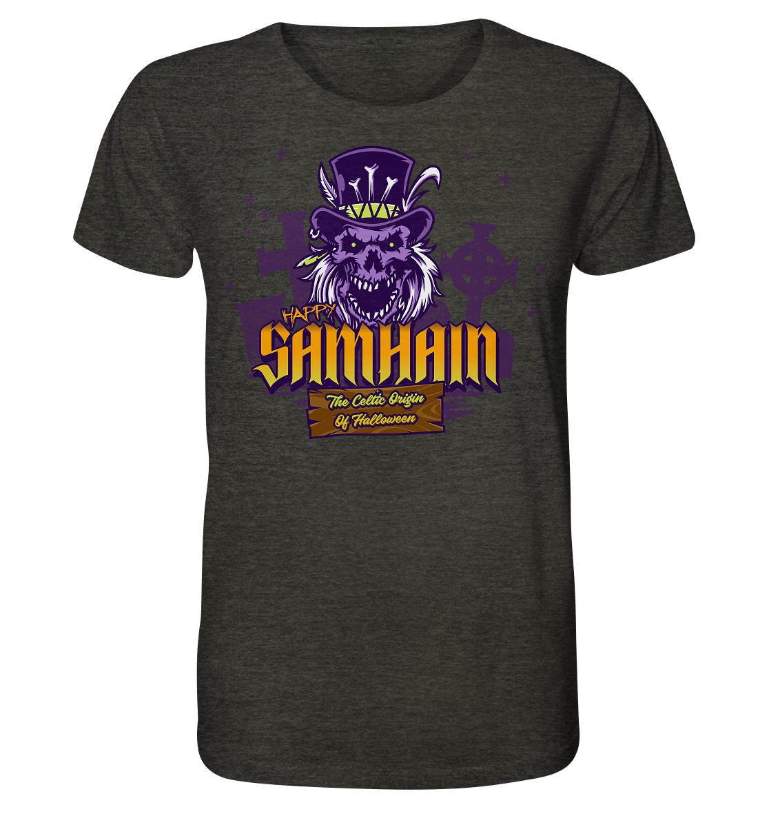 Happy Samhain "The Celtic Origin Of Halloween" - Organic Shirt (meliert)